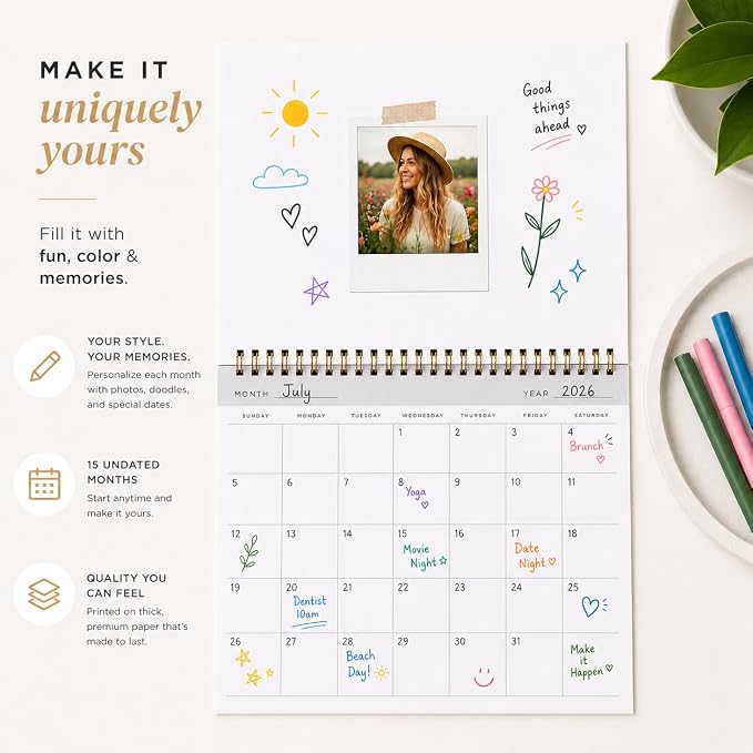Paper 'n Such- Blank Calendar, Undated Monthly Planner, Simple Desk Agenda -DIY Custom Scrapbook for Photos -15 Sheets, Spiral Bound, Large 8.5x11", Customizable for Home, Office, or School