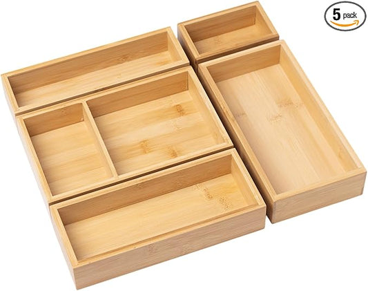 Bamboo Drawer Organizer Set, 5 Piece Modular Wooden Storage Trays for Kitchen, Bathroom, Vanity Office Desk Decluttering Solution for Makeup, Jewelry Office Supplies