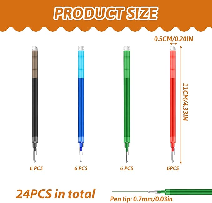 0.7 mm Erasable Gel Ink Pen Refills Compatible with Frixion Friction, Smooth Writing Multicolor Retractable Fine Point Pen Refill for School Office Home Art (4 Colors, 24)