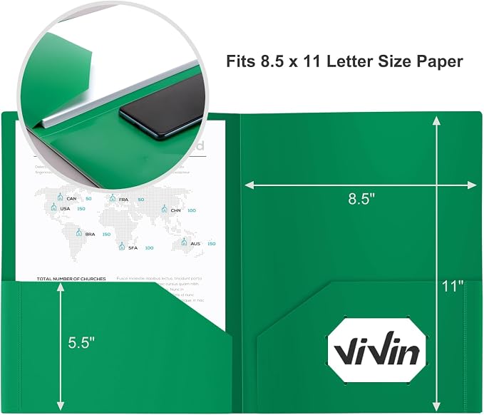 ViVin 60-Pack Green Plastic Folders with Pockets, Fits 8.5 x 11 Inch Letter Size Papers, Sturdy 2 Pocket Folders, Plastic Pocket Folder for Home School and Office