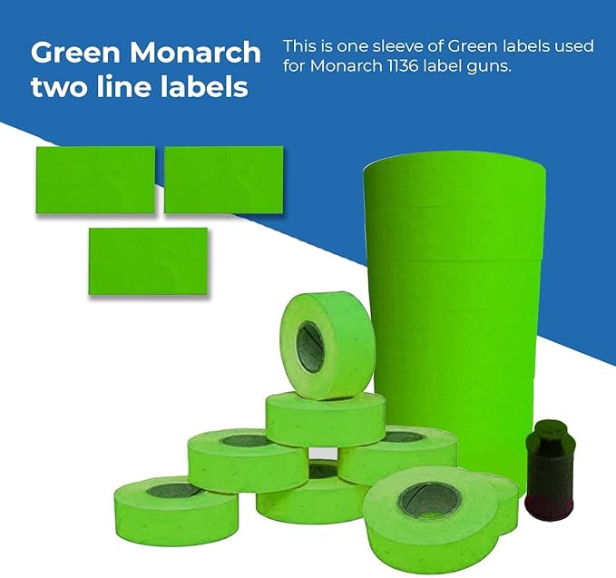 1136 Green Monarch Labels, 8 Rolls, 14,000 Two line Labels