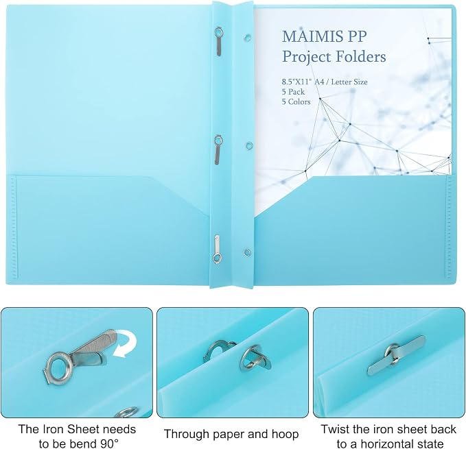 Plastic File Folders with Pockets - (5 Pack, Assorted Colors) Heavy Duty 3 Hole Two Pocket Folder with Pockets 3 Prong Folders A4 Letter Size Colored Plastic Folders for School Office Home