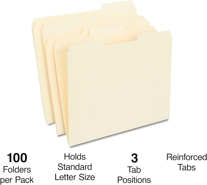 Staples 30% Recycled Reinforced File Folders, Letter Size, 1/3‑Cut Tabs, Manila, Durable Eco‑Friendly Paper Stock, 100/Box