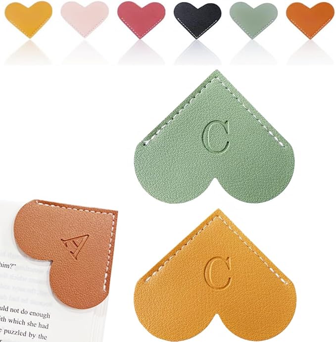 Personalized Leather Heart Bookmark, 26 Letters Customized Corner Book Mark for Reading Women, Book Marker with Initials，Cute Gifts (Green+Light Brown, C)