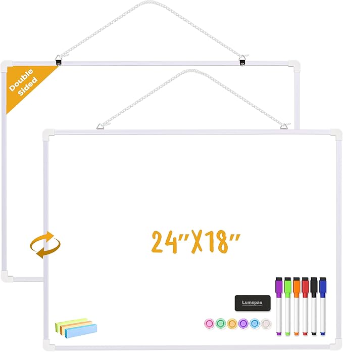 Dry Erase Board for Wall, 24" x 18" Double-Sided Hanging Whiteboard, Dry Erase White Board with 6 Markers 6 Magnets and 3 Mini Sticky Notes,Magnetic Whiteboard for Home,Office, School