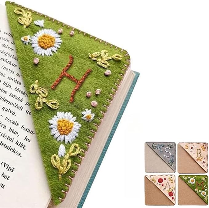 Personalized Hand Embroidered Corner Bookmark, 26 Letters Cute Flower Embroidered Corner Bookmark Embroidery Book Marker Clip for Book Lovers Bookmarks for Reading Lovers Meaningful GIF (Summer, H)