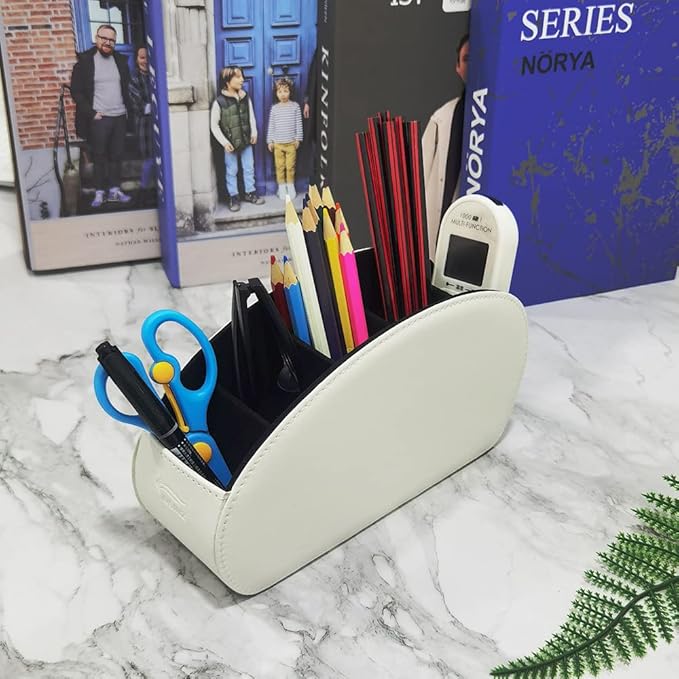 Remote Control Holder Organizer Desk Leather Cases Control Storage TV Remote Control Organizer with 5 Spacious Compartments (White with Metal Bottom)