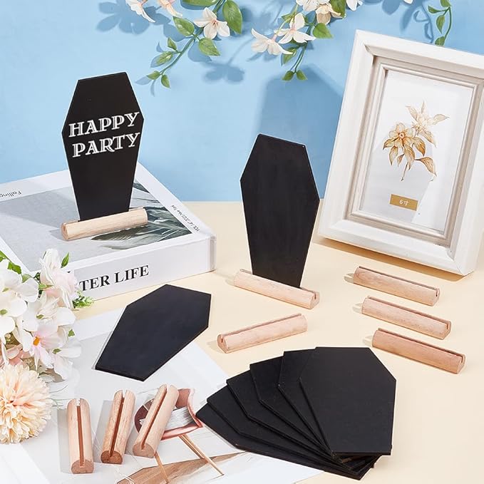 BENECREAT 16Sets Black Wood Tabletop Chalkboard, 6.1x3.1 Inch Coffin Shape Blackboard with Stand for Buffet, Message Board Signs for Halloween Weddings Parties