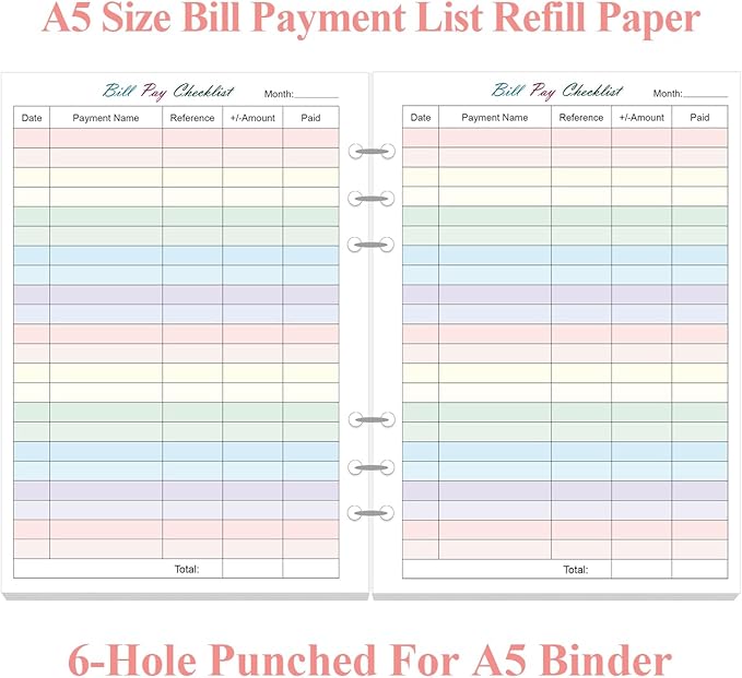 Payment Checklist Refills - 50 Sheets/100 Pages Colorful Monthly Budget Forms for A5 Binder, 6 Hole Punched, 100 gsm White Paper, 5.8" x 8.3"