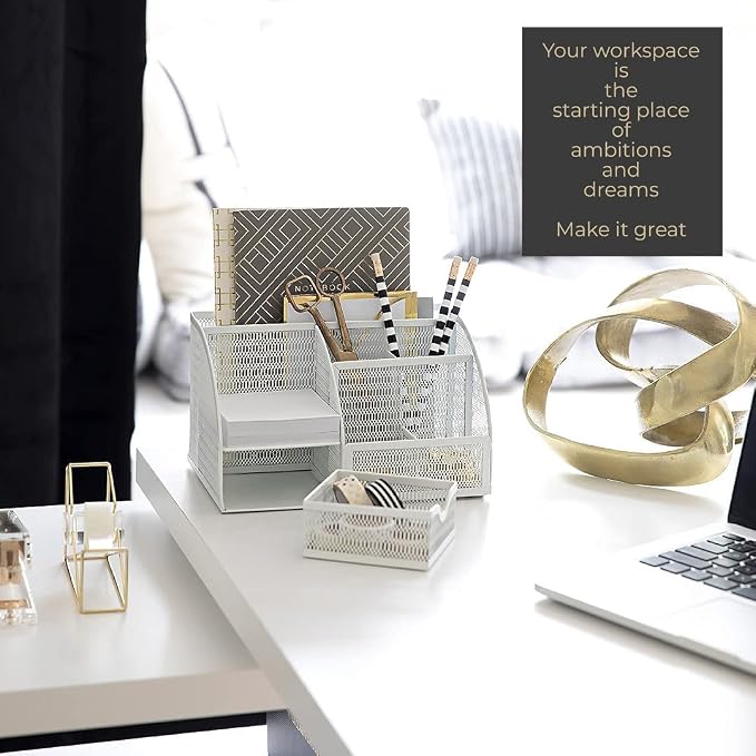 BLU MONACO | White Metal Mesh Desk Organizer with Drawer | 6-Compartment Desktop Storage for Office, School, Kitchen & Home | Modern Workspace Organizer for Pens, Papers, Supplies & Accessories