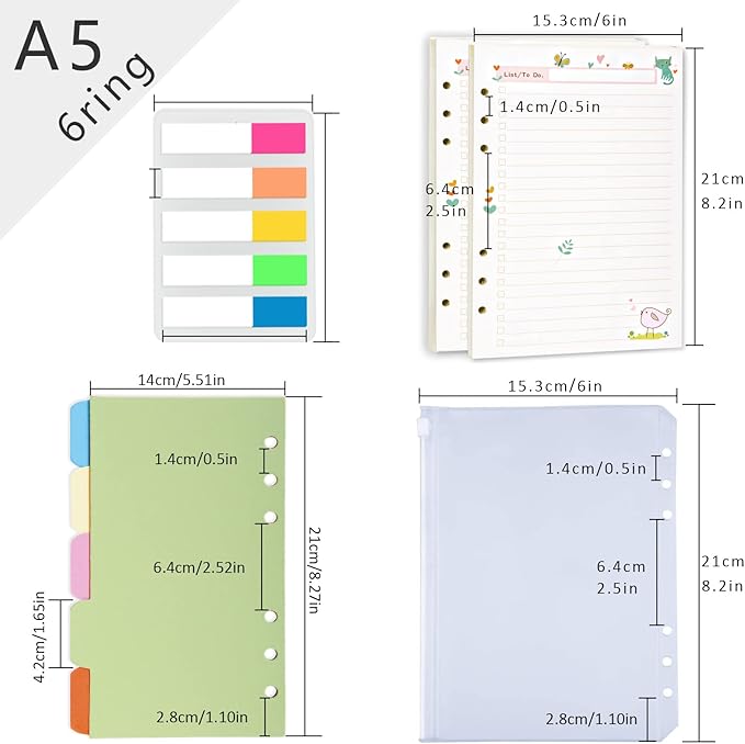 Rancco A5 Planner Inserts to Do List, 90 Pages Colorful 6-Ring Loose-leaf Planner Refills w/Binder Divider, Zipper Pouch, Ruler, Index Tab for Personal Journal, Filofax, Double-sided,Undated,5.5×8.3"