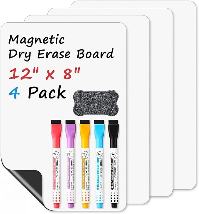 Magnetic Whiteboard for Fridge, 4-Pack Dry Erase Boards (12×8 in) with 5 Markers & Eraser, Strong Magnet & Stain-Resistant Surface, Reusable Message Board for Fridge, Family Planner & Kitchen Notes
