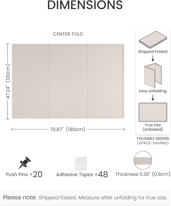 Fluxynara Large Bulletin Board, 70.8" x 47.2" Cork Board Alternative with 48 Safe Removable Adhesive Tabs, Foldable Felt Pin Board for Home Office, Classroom, Bedroom,Entryway for Walls—Oatmeal