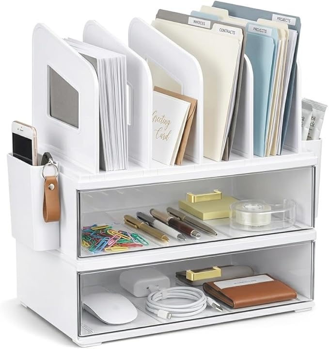 CiWiVOKi White Desk Organizer with 4 File Holder Slots, 2 Clear Drawers & Dual Pen Holders, Sturdy Multi-Functional Desktop Storage for Home Office, Mail Sorter & Caddy