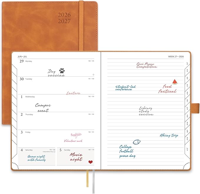 POPRUN Weekly Planner 2026-2027 (Medium 6.5''x 8.5'') Academic Calendar (JUL.26 - JUN.27) Appointment Book with Monthly Tabs, Leather Soft Cover, Inner Pocket, 100 GSM - Brown