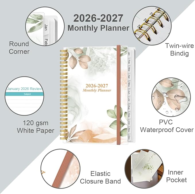 2026-2027 Monthly Planner - January 2026 - June 2027, Two Pages Per Month, 18 Monthly Calendar/Planner with Tabs, Inner Pocket, 6.4" x 8.5", Rose Leaf