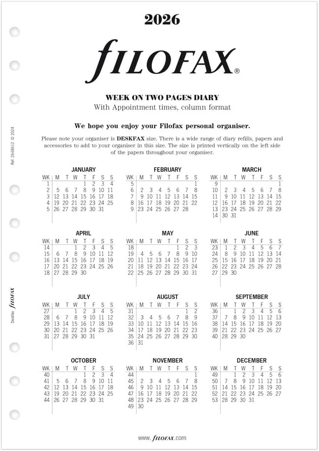 Filofax Calendar Diary Refill, Deskfax, Week-to-View with Appointments, White Paper, English, 2026 (C68612-26)