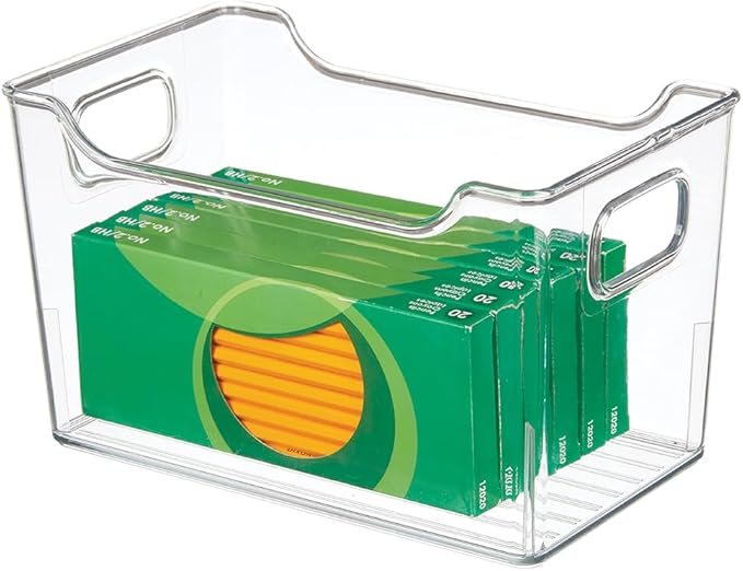 mDesign Deep Plastic Office Storage Bins with Handles for Organization in Filing Cabinet, Closet, or Desk Drawers, Organizer for Notes, Pens, Pencils, and Staples - Ligne Collection - 4 Pack - Clear