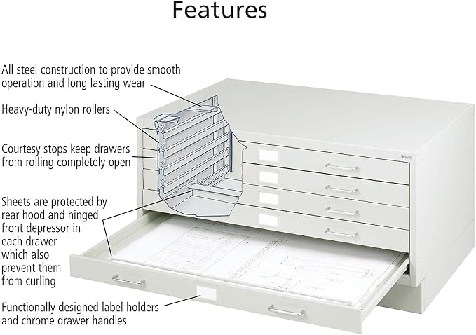 Safco Products 4969LG Facil Steel Flat File, 5 Drawer Metal Cabinet, Small (Optional Base Sold Separately), Light Gray