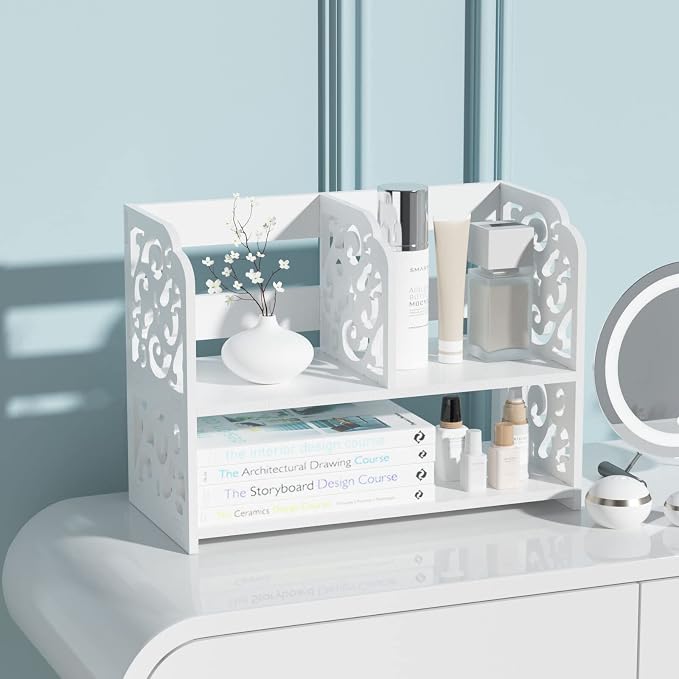 TY ARTS & CULTURE Desktop Organizer, Hollow Pattern Vintage Desk Storage Rack for Women Men and Kids, White Desktop Shelf Organizer for Home Office Desk Furniture