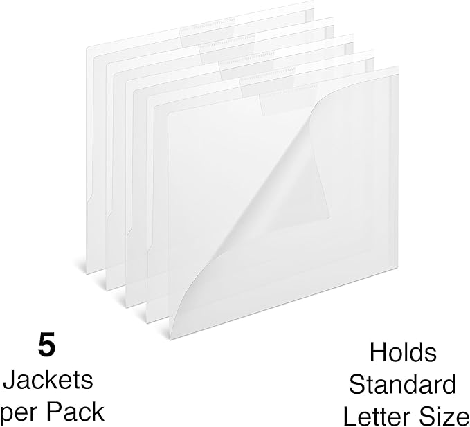 Staples Poly File Jackets, Letter Size, Clear Durable Document Sleeves with Expanding Sides for Filing & Organization – 5/Pack