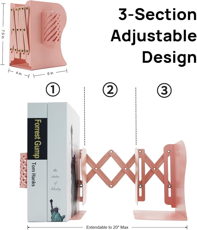 Adjustable Book Ends for Heavy Books, Metal Expandable Bookends for Shelves, Book Organizer Stopper Holder for Desk, Kids Room, Classroom, Office, Library (Pink)
