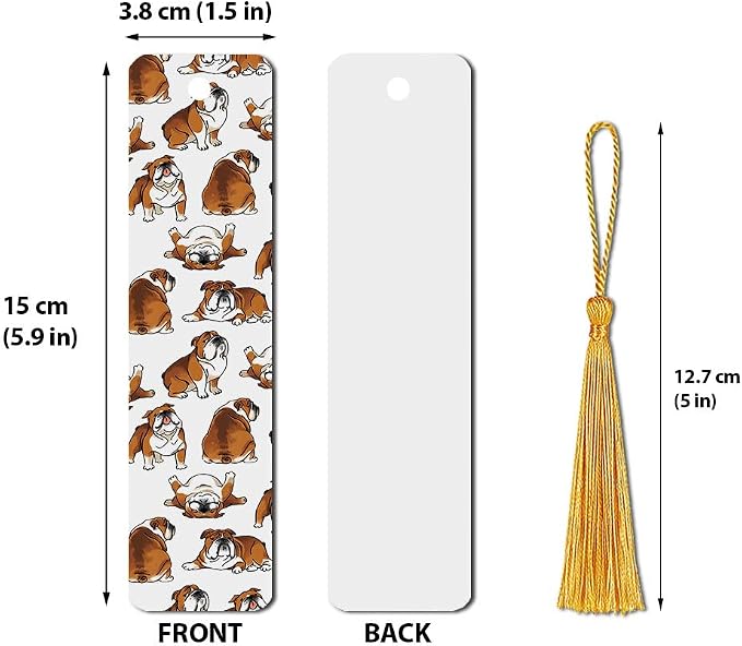 WIRESTER Set of 3 Metal Bookmarks with Light Gold Tassel for Students, Reader, Teachers, Book Lovers - English Bulldog, White English Bulldog, Brindle Brown English Bulldog Funny Playful Postures