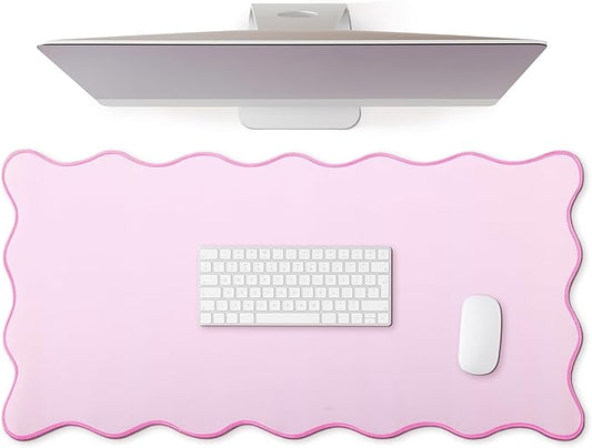 Hahafelt Scalloped Desk Mat Large Desk Pad Cute Coquette Table Mat Back to School Preppy Table Make up Pad Nonslip Graduation Gift with Stitching Waterproof Gaming(Pink,31.5 x 15.8 Inches)