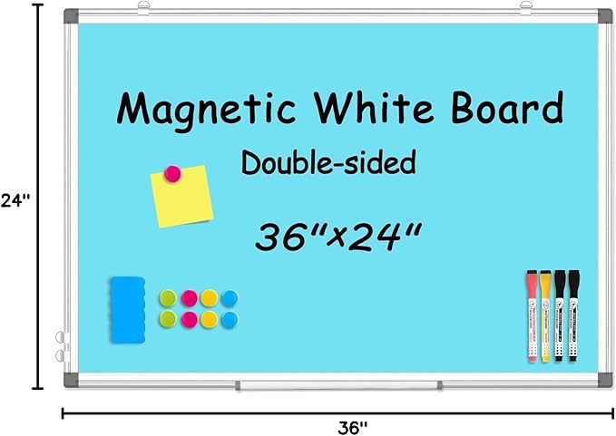 WALGLASS Magnetic Whiteboard 36"x24" Dry Erase White Board for Walls with Pen Tray, Aluminium Frame and Dry-Wipe Writing Surface for Kids' Drawing, Home, and Office (Blue)