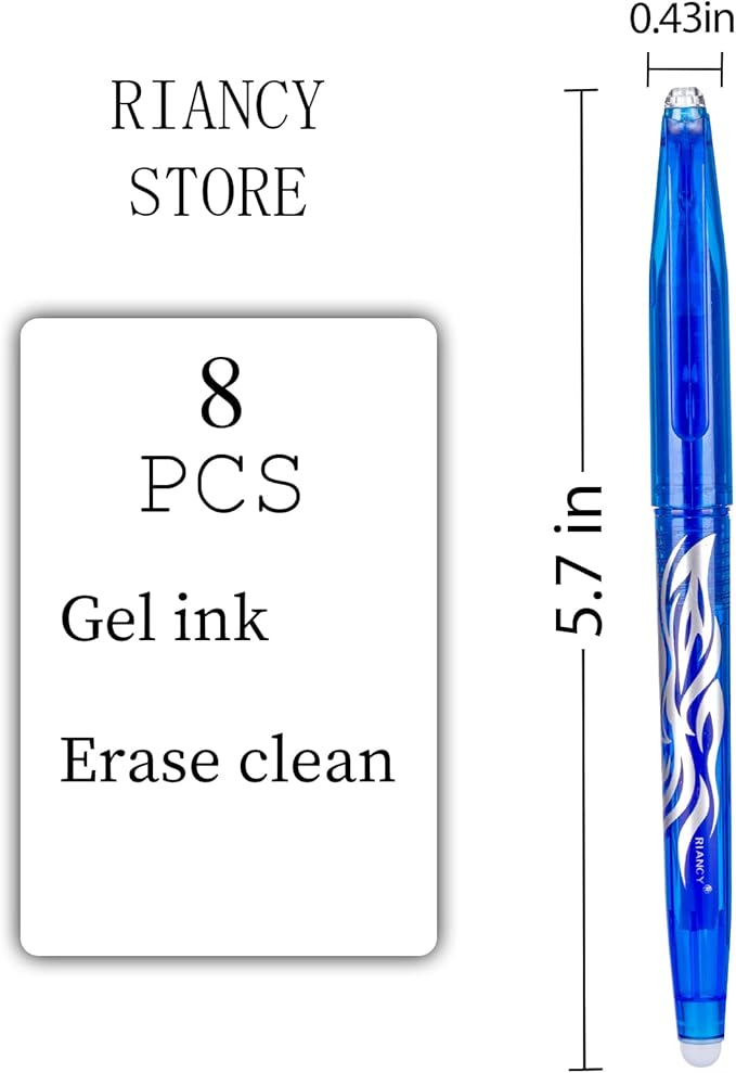 RIANCY Blue Erasable Gel Pens Fine Point Pen Erasable Gel Ink Pen 0.5mm, Rolling Ball Pens with Eraser,Blue Erasable Pens for Adults Kids Students School Office Stationary Supplies Gifts 8PCS