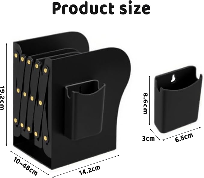 Book Ends for Shelves,Metal Bookends,Book Ends Scalable with Pen Holder(Black)