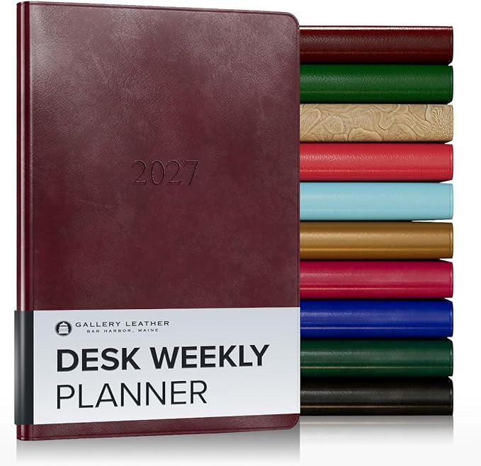 Gallery Leather Desk Weekly Monthly Planner 2027, Elegantly Bound Calendar Planner and Notebook with Stylish Gold-Gilded Page Edges, 12 Months - Acadia Burgundy - 8x5.5"