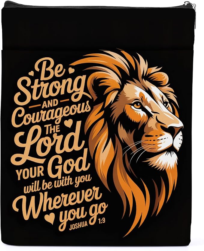 Christian Lion Book Sleeve, Book Lovers Gifts Sleeve with Zipper & Front Pocket, 11.4x8.8 Inch Canvas Books Cover Protector Bookish Bible Gifts for Readers Librarian Women Teacher