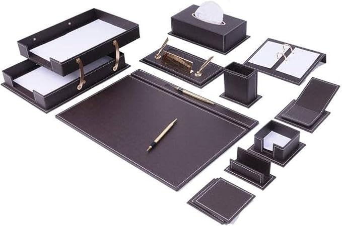 Leather Desk Organizer - 14 PCS Bonded Leather Desk Set - Home & Office Accessories - Brown