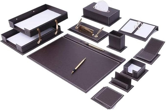 Leather Desk Organizer - 14 PCS Bonded Leather Desk Set - Home & Office Accessories - Brown