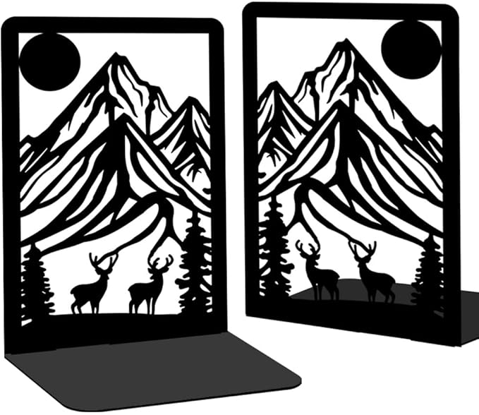 Metal Bookends for Shelves, Mountain and Deer Decorative Book Ends for Heavy Books, Book Stopper Decorative Books, Bookends to Hold Literature for Home Office School Bookshelf Decor