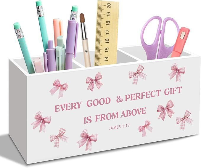 Pink Bow Christian Pen Pencil Holder for Desk,Coquette Bible James 1:17 Office Desk Accessories, Pink Christian Gifts Pen Holders Organizer for women Home Girls Room Dorm, girly office decor