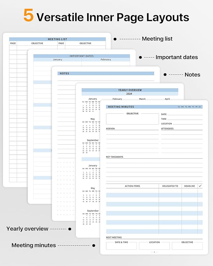 WEMATE Meeting Notebook for Work, Work Planner Notebook With Action Items, B5 Size Project Planner, Easily Take Meeting Notes & Keep Agendas on Track, Calender, Index Page, Inner Pocket, 7×10 Inch, Black