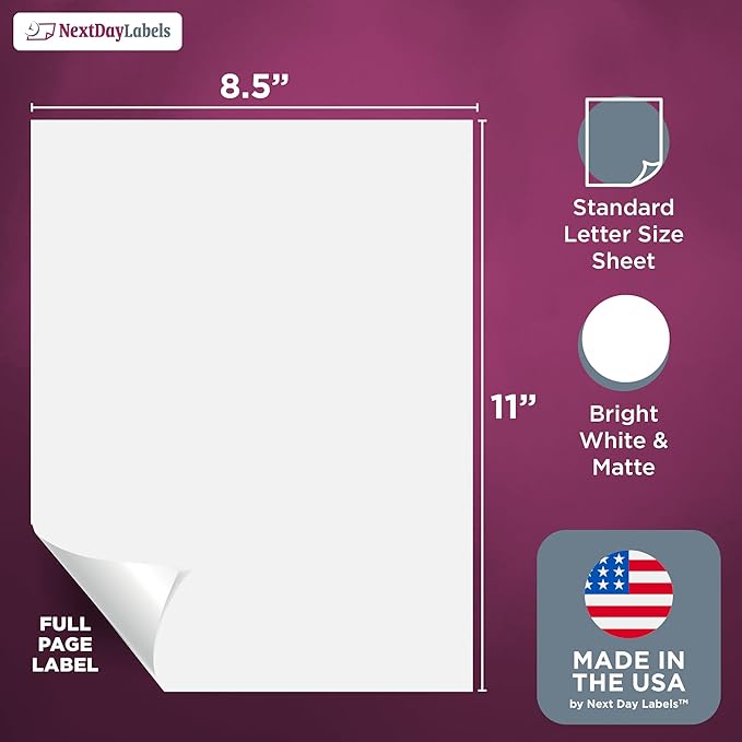 NextDayLabels 8.5x11 Full Sheet Stickers White Blank Labels for Laser Inkjet Printer - 1 Per Page Self-Adhesive Shipping Product Packaging Made in USA - 100 Labels