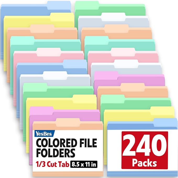 240 Pack File Folders, 1/3 Cut Tab Colored File Folders Letter Size 8.5 x 11 Inch, Filing Folder for Office School Business, 8 Pastel Colors