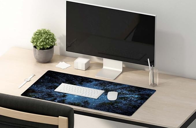 SSOIU The Milky Way and The Trees Mouse Pad 35.5 X 15.7 Inch XXL Night Sky Full Desk Mousepad Extended Large Non-Slip Rubber Base Waterproof Big Keyboard Mat with Stitched Edges for Gaming and Office
