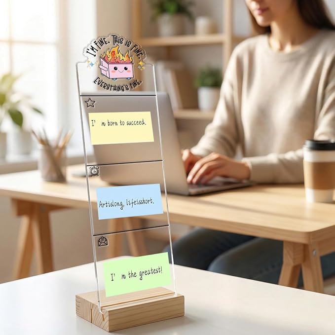 Monitor Memo Board Computer Monitor Memo Board Sticky Note Organizer Everything is Fine Dumpster Fire Acrylic Desk Accessories Removable Wooden Base Set Sticky Notes 100 Sheets 11.8×3.1 inches