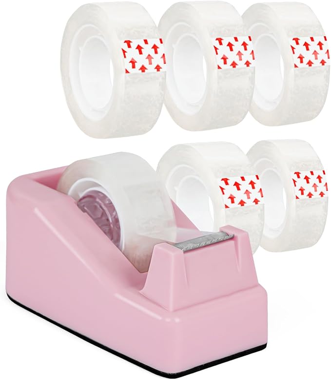 Desktop Tape Dispenser Pink with Weighted Nonskid Base - Includes 6 Rolls of Transparent Tape (0.71 Inch x 1000 inches Each)