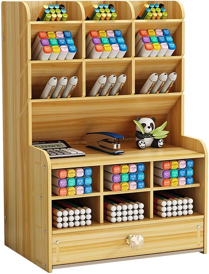 Hggzeg Wooden Desk Organizer with Drawer, Large Capacity DIY Pen Holder Storage Box Desktop Stationary Storage Rack, Pen Organizer Caddies for Office, Home and School Supplies (B16-Cherry Color)