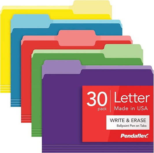 Pendaflex Colored File Folders, 30 Pack, Letter Size (8.5" x 11"), Erase Ballpoint Pen from Tabs, 3 Tabs, 5 Colors: Green, Yellow, Red, Blue, Purple, Office, Classroom & Home Document Organization