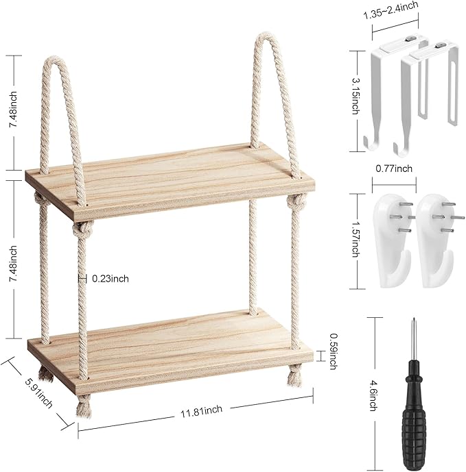2 Tier Cubicle Shelf for Walls, 11.8" Wooden Hanging Wall Shelf with Hooks & Cotton Rope, Boho Style Office Cubicle Accessories for Work, Desk Wall Storage Organizer for Office Decor
