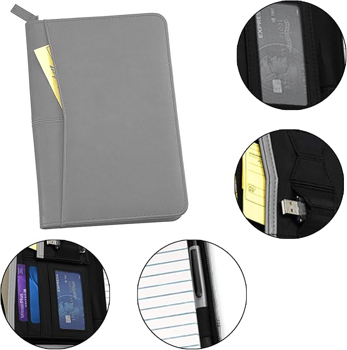 Lcjtop Junior Business Padfolio - A5 PU Leather Portfolio Binder & Zippered Binder Folder with 5 x 8 Writing Pad and Interior Storage Pocket Executive Business Organizer for Women,Gray