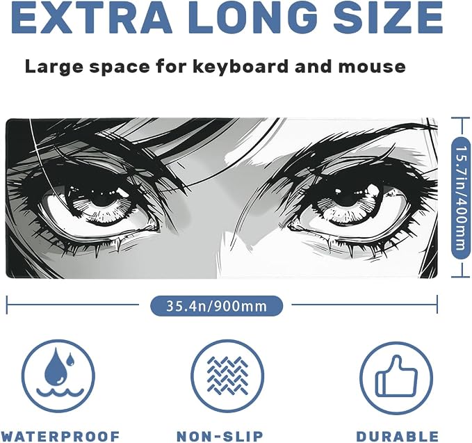 Anime Eyes Gaming Mouse Pad 35.4 x 15.7 Inches Manga Girl Desk Mat with Non-Slip Rubber Base, Stitched Edges for Gaming,Office