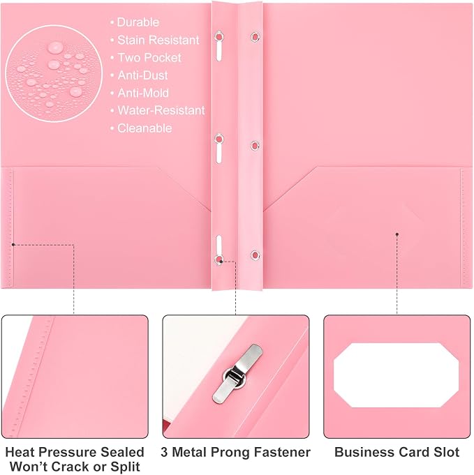 Cholemy 72 Packs Pocket Folders with Prongs Heavy Duty Plastic Folder with Business Card Slot 3 Prong Fasteners for School Office (Vibrant)