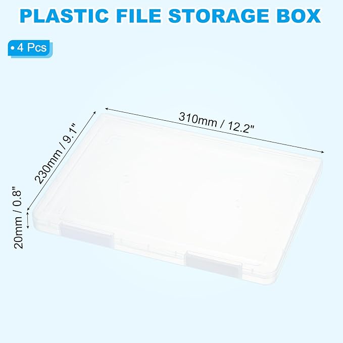 PATIKIL Clear A4 File Portable Project Case with Buckle Plastic Storage Box for 8.5" x 11" Letter Paper Scrapbook Paper Storage Boxes, 4Pcs, 12.2"x9.1"x0.8", White